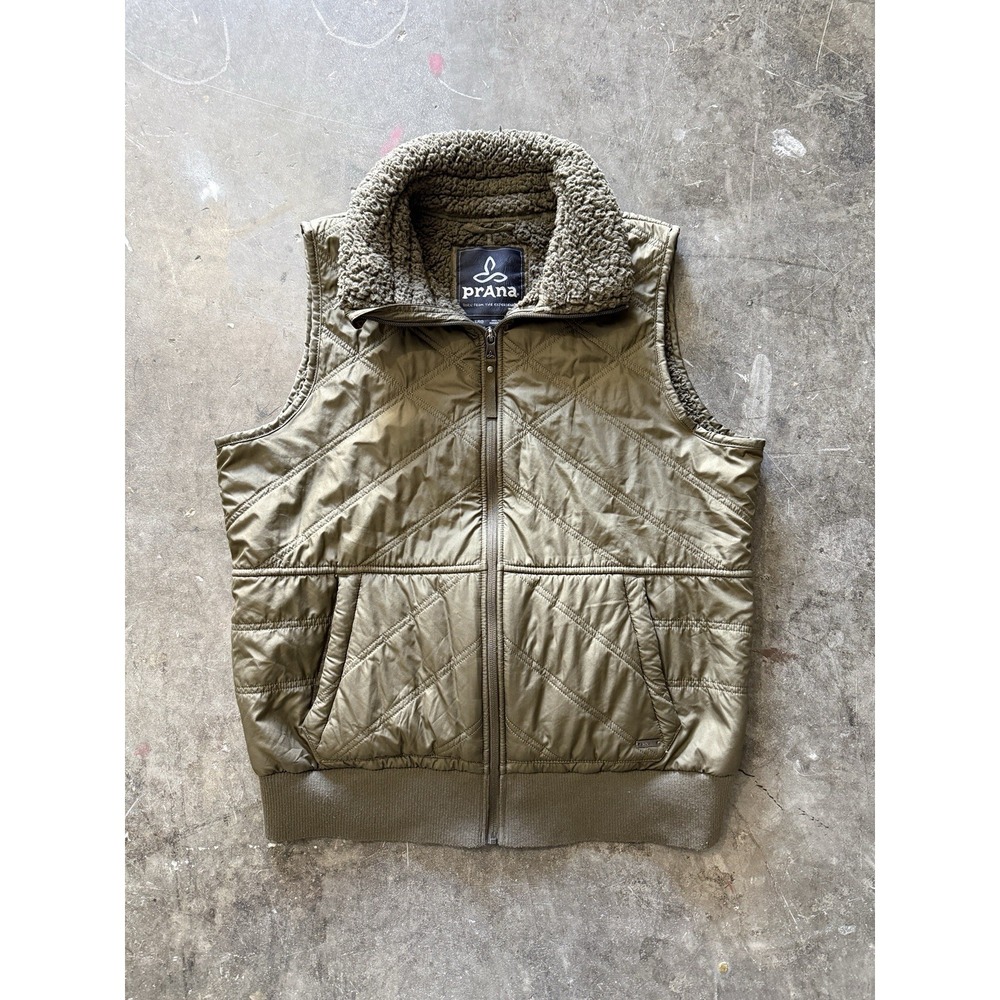prAna Elsa Quilted Puffer Fleece Lined Vest Full Zip Army Green Women's L Hiking